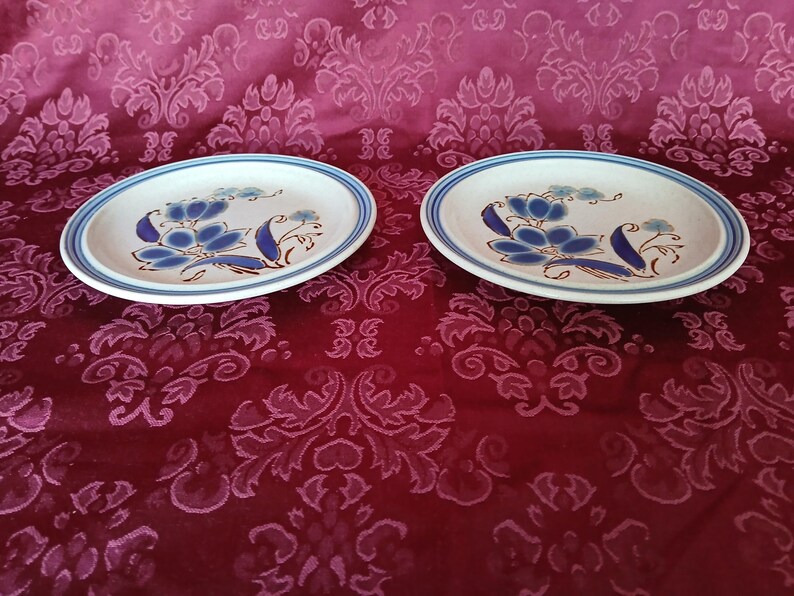 Puede incluir: Dos platos ovalados de cer&aacute;mica con base blanca y dise&ntilde;o floral azul. Cada plato tiene un borde azul y un estampado floral en tonos azules y marrones. Los platos se exhiben sobre una superficie roja estampada.