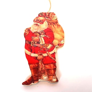 Vintage Santa Claus Balsa Wood Die Cut Christmas Ornament, Classic Santa with his Sack of Toys, 6 inch 2 Sided Ornament, Kitschy, Taiwan