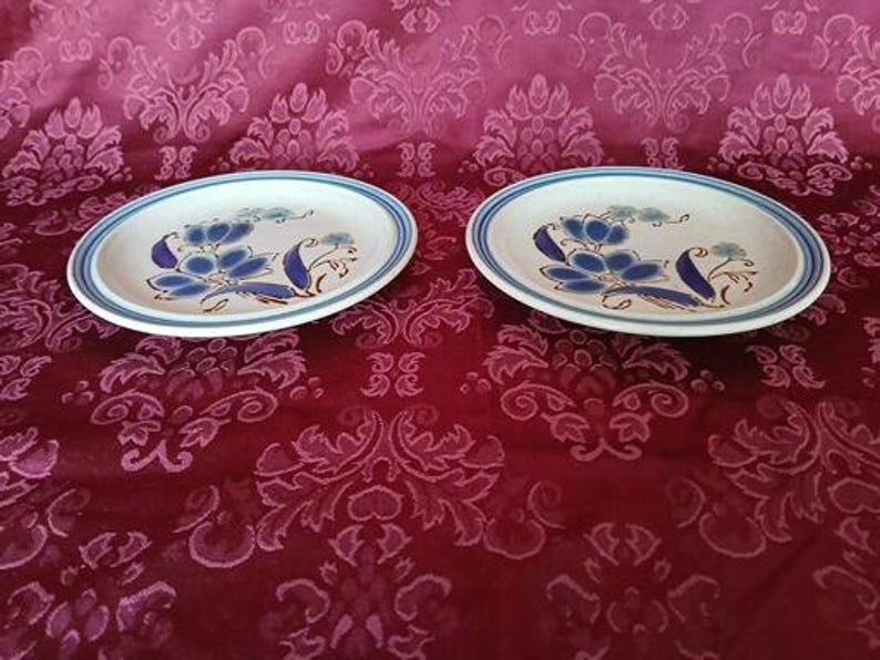 Puede incluir: Dos platos ovalados de cer&aacute;mica con base blanca y dise&ntilde;o floral azul. Cada plato tiene un borde azul y un patr&oacute;n floral en tonos azules y marrones. Los platos se exhiben sobre una superficie roja estampada.