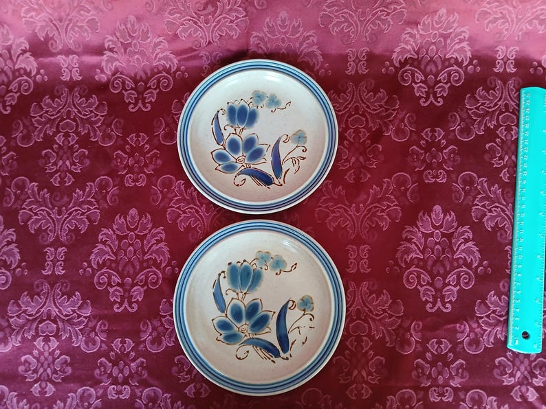 K&ouml;nnte beinhalten: Zwei Keramikplatten mit floralem Design. Die Teller haben eine cremefarbene Basis mit blauen Blumenmustern und einem blauen Rand. Die Teller liegen auf einer roten, gemusterten Oberfl&auml;che.
