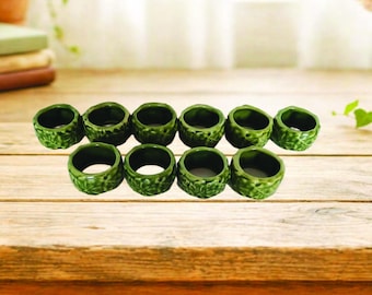 Ten Vintage Boho Green Ceramic Napkin Rings, Glazed Embossed Leaves Design, 2" Diameter, Grandmillennial
