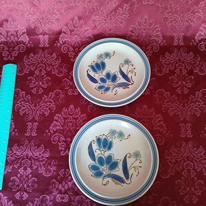 Puede incluir: Dos platos de cer&aacute;mica con base crema y dise&ntilde;o floral azul. Cada plato tiene un borde a rayas azul y blanco. Una regla turquesa est&aacute; a la izquierda. Di&aacute;metro estimado: 20-25 cm.