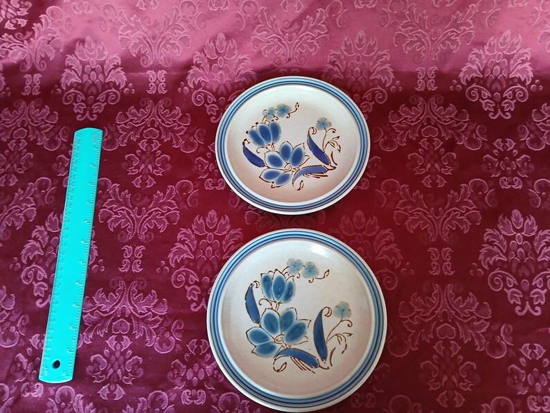 Puede incluir: Dos platos de cer&aacute;mica con base crema y dise&ntilde;o floral azul. Cada plato tiene un borde a rayas azul y blanco. Una regla turquesa est&aacute; a la izquierda. Di&aacute;metro estimado: 20-25 cm.