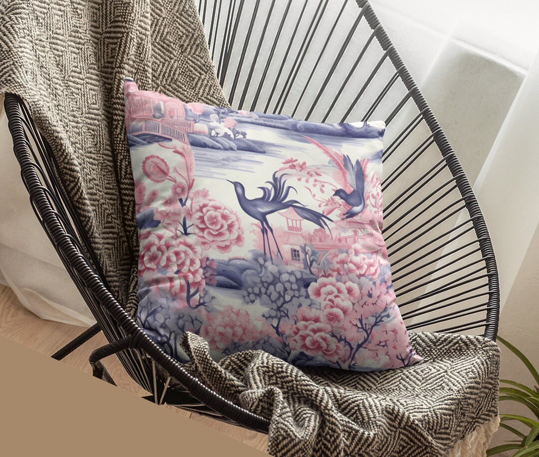 Pink and Blue Chinoiserie Pillow Cover, Chinese Crane Pastoral Scene, Blue & White Decor