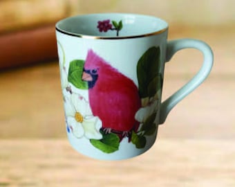 Andrea Sadek Songbird Collection Porcelain Mug, Red Cardinal Bird, Elizabeth Golz Rush, Retired: Vintage, Cottagecore, Bird Lover Décor