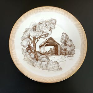 Vintage Noritake Seville Covered Bridge Salad/Bread/Dessert Plate #6521, 1960's,  Brown Transferware, Cottagecore, Country Cottage, 8.25"