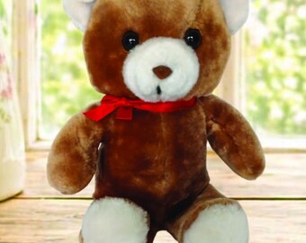 Orsacchiotto di peluche vintage Steven Smith marrone con fiocco rosso in raso sul collo, orecchie, naso e zampe bianchi, Corea, fine anni '70?, collezionista di orsacchiotti di peluche