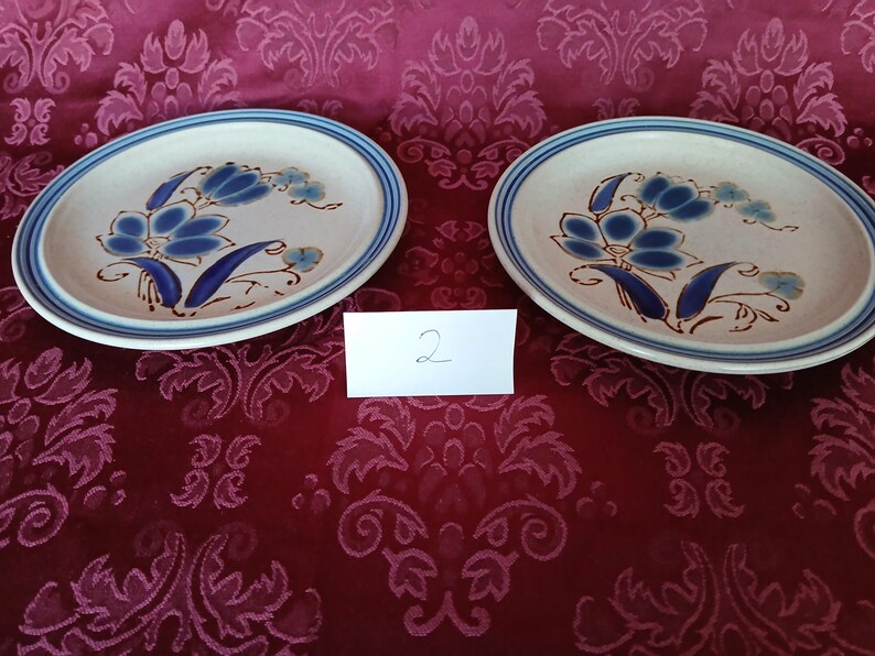 K&ouml;nnte beinhalten: Zwei Keramikplatten mit floralem Design. Die Platten haben eine cremefarbene Basis mit blauen und braunen Blumenmustern. Ein blauer Doppelstreifen umrandet den Rand jeder Platte. Die Zahl "2" befindet sich auf einer wei&szlig;en Karte.