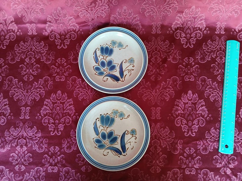 K&ouml;nnte beinhalten: Zwei Keramikplatten mit beigem Hintergrund und blauem Blumendesign. Jede Platte hat einen blauen Rand und ein blaues und braunes Blumenmuster in der Mitte. Die Teller befinden sich auf einem gemusterten roten Hintergrund.
