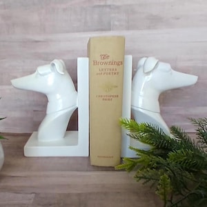 Vintage Greyhound Whippet Bookends: Glossy White Ceramic, Modern Decor
