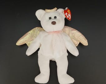 Urso anjo Halo vintage TY de 1998, asas iridescentes e auréola dourada, pelúcia branca, Beanie Baby original, com etiqueta de coração. 20 cm