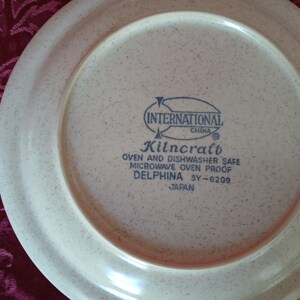 Puede incluir: Un plato de cer&aacute;mica beige con un patr&oacute;n moteado. El plato tiene un borde ancho y un &aacute;rea central con texto azul que dice "INTERNATIONAL CHINA Kilncraft OVEN AND DISHWASHER SAFE MICROWAVE OVEN PROOF DELPHINA SY-6209 JAPAN."
