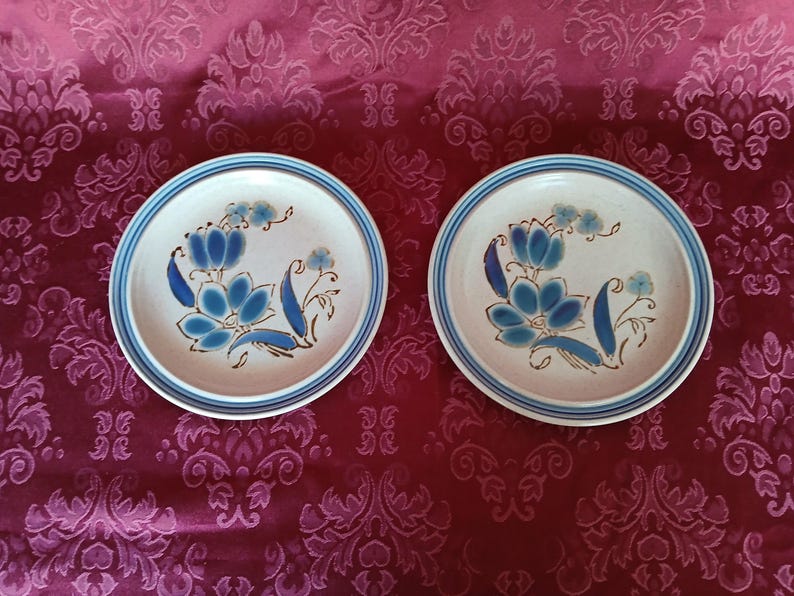 Puede incluir: Dos platos de cer&aacute;mica con base color crema y dise&ntilde;o floral azul. Cada plato tiene un borde azul y un patr&oacute;n floral en tonos azules y marrones. Los platos est&aacute;n sobre un fondo rojo estampado.
