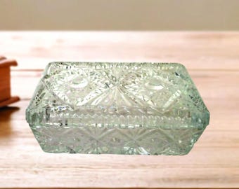 Vintage Lidded Pressed Glass Trinket Box, Rectangular Jewelry Vanity Dish, Starburst, Diamond Pattern, 4.5 x 3.5, MCM Collectible Retro