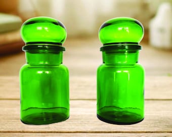 2 Vtg Emerald Green Apothecary Jars, Stopper Lids, Mid Century Decor, Made Belgium, Retro, Kitschy, Grandmillennial, 5.5 in