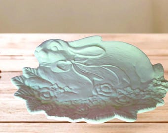 White Embossed Bunny Rabbit Ceramic Platter Hobbyist Piece Signed, 9 x 8 7/8", Spring Rabbit Collector Decor, Cottagecore, 90s