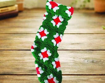 Hand Crocheted Granny Square Christmas Stocking: Vintage 70s Grandmillennial Boho Decor, 17" Tall