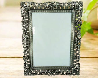 Vintage Ornate Silver Tone Antiqued Metal 7x9 Photo Frame For Tabletop, For 5x7 Photo, Floral & Scroll Design, Art Nouveau, Velveteen Back