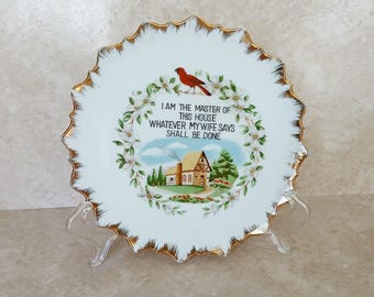 I am the Master of this house, whatever my wife says shall be done 7" Wall Plate, Cardinal, Bradley Cera, Japan, MCM, Retro, Kitschy Decor