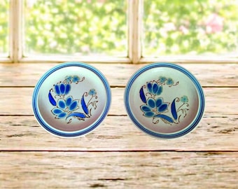 2 MCM Blue Flower Power Plates, 1970s, Retro MCM Kitschy, Salad Plates, Kilncraft Delphina Blue Floral, Blue  on Beige Stoneware, 7.5" (2)