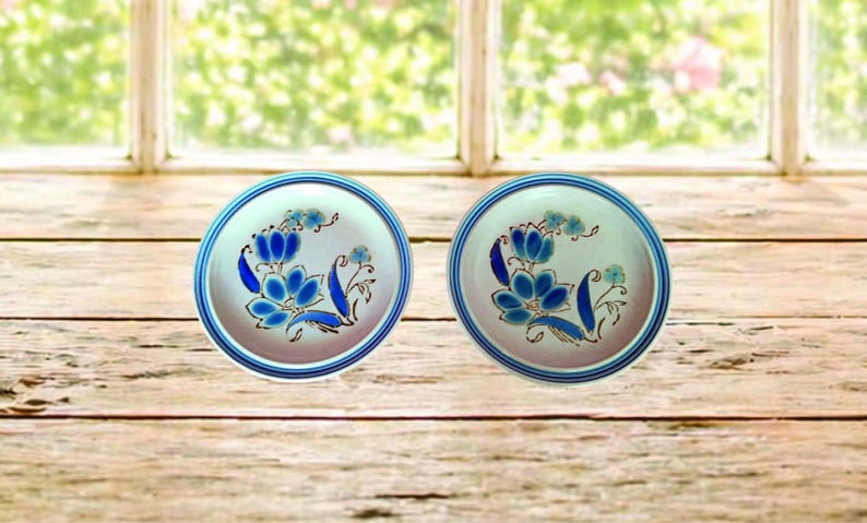 K&ouml;nnte beinhalten: Zwei passende Keramikplatten mit blauem Blumendesign. Jede Platte hat eine wei&szlig;e Mitte mit blauen Blumen und Bl&auml;ttern, umrahmt von einem blauen Rand. Die Teller stehen auf einer Holzoberfl&auml;che, mit einem Fenster im Hintergrund.