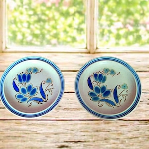 Puede incluir: Dos platos redondos de cer&aacute;mica con centro blanco y dise&ntilde;o floral azul. Los platos tienen un borde azul y est&aacute;n sobre una superficie de madera. El dise&ntilde;o floral presenta flores y hojas azules.