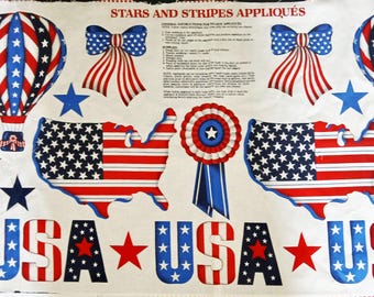 Painel de tecido vintage patriótico com estrelas, listras e laços como apliques para colchas, camisetas, etc. Painel de tecido dos EUA, decoração para o 4 de julho.