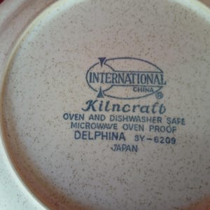 Puede incluir: Primer plano de un plato de cer&aacute;mica beige con un patr&oacute;n moteado. El plato presenta el texto "INTERNATIONAL CHINA Kilncraft OVEN AND DISHWASHER SAFE MICROWAVE OVEN PROOF DELPHINA SY-6209 JAPAN".