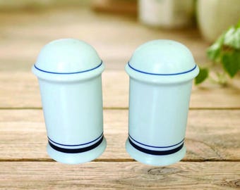 Dansk Bistro Salt and Pepper Shaker Set, White w Blue Stripe Minimalist Aesthetic Salt Pepper Shaker Set, Made in Portugal, Modern Cottage