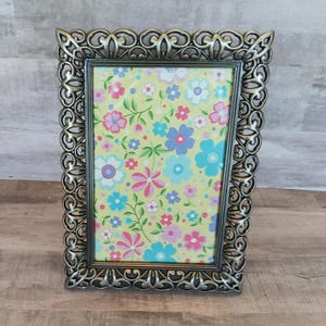 Vintage 4 x 6 Photo Pewter Finish Tabletop or Hanging Frame, Ornate Filigree Art Nouveau or Baroque Style, 7.5 x 5.5,  4x6 Pic, Velvet Back