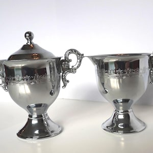 Vintage Victorian Style Sugar Bowl and Creamer Set, Chrome Plated Stainless Steel, No Mark, Stainless Sugar and Creamer Serving Set