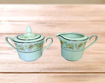 Vtg Noritake Blossom Time Ivory Sugar and Creamer Set w Platinum Rim, Cottagecore, Grandmillenial, Nostalgia, 80s,  Pastel Pink Blue Flowers