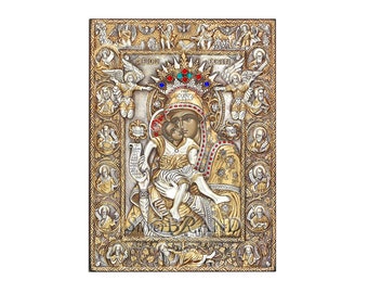 Virgin Mary Theotokos Axion Esti Greek Orthodox Silver Icon 55x40cm (Gold Plated)