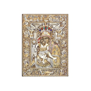 Virgin Mary Theotokos Axion Esti Greek Orthodox Silver Icon 55x40cm (Gold Plated)