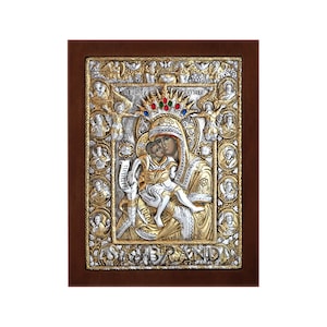 Virgin Mary Theotokos Axion Esti Greek Orthodox Silver Icon 21x16cm (Gold Plated)