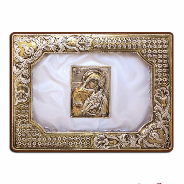 Silver Wedding Crown Case Forged Rectangle with Flowers and Silver Icon of Virgin Mary (Gold-Plated) - Stefanothiki - Stefana Crown Case