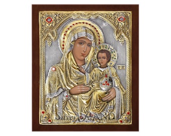 Virgin Mary Theotokos of Jerusalem Greek Orthodox Silver Icon 29x24cm  (Gold Plated)