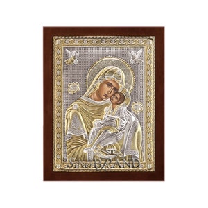 Virgin Mary Theotokos Glykofilousa Greek Orthodox Silver Icon 31x24cm  (Gold Plated)