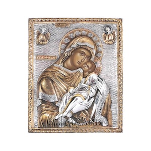 Virgin Mary Theotokos Glykofilousa Greek Orthodox Silver Icon 25x20cm (Gold Plated)