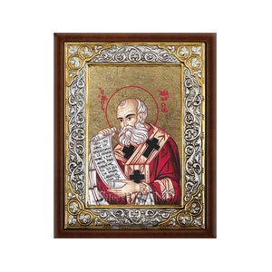 Saint Athanasius Greek Orthodox Silver Icon Hagiography 26x20cm