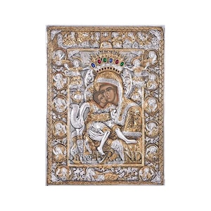 Virgin Mary Theotokos Axion Esti Greek Orthodox Silver Icon 22x18cm (Gold Plated)