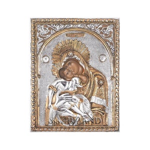 Virgin Mary Theotokos Glykofilousa Greek Orthodox Silver Icon 28x22cm (Gold Plated)