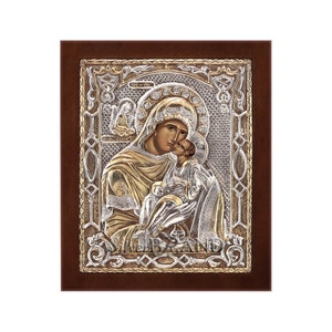 Virgin Mary Theotokos Glykofilousa Greek Orthodox Silver Icon 18x15cm  (Gold Plated)