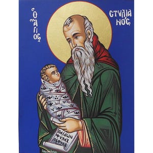 Saint Stylianos Wooden Icon - Greek Orthodox Byzantine Style Wall Hanging 24x18cm