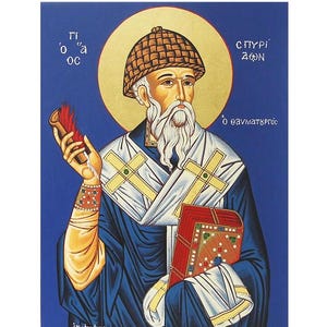 Saint Spyridon Wooden Icon - Greek Orthodox Byzantine Style Wall Hanging 24x18cm