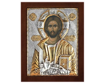 Christ Pantocrator Greek Orthodox Silver Icon 20x16cm (Gold Plated)