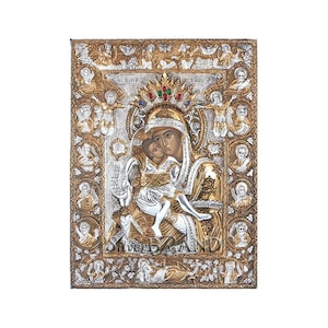 Virgin Mary Theotokos Axion Esti Greek Orthodox Silver Icon 24x19cm (Gold Plated)