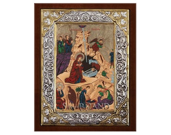 The Birth Of Christ Greek Orthodox Silver Icon Hagiography 26x20cm