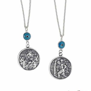 Silver Lucky Car Charm - Saint Christopher, Virgin Mary & Evil Eye - Car Rearview Mirror Charm