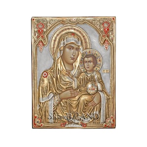 Virgin Mary Theotokos of Jerusalem Greek Orthodox Silver Icon 55x40cm (Gold Plated)